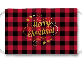 Merry Christmas Face Mask -  Buffalo Plaid Mask With Gold Text - Festive Holiday Face Covering - Lumberjack Mask In Adult And Kids Sizes