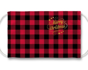 Merry Christmas Face Mask - Buffalo Plaid Mask With Gold Text - Festive Holiday Face Covering - Christmas Mask In Adult And Kids Sizes