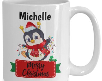 Personalized Christmas Mug - Customizable Gift Mug With Cute Penguin - Custom Christmas Hot Chocolate Mug/Tea Cup - Holiday Coffee Cup