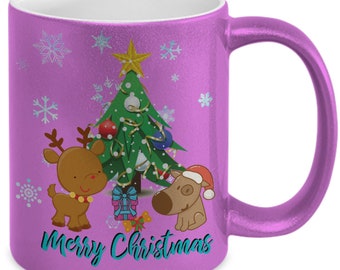 Merry Christmas Metallic Colored Coffee Cup - Cute Holiday Mug With A Reindeer & Dog With Presents Under A Christmas Tree - Seasonal Mug