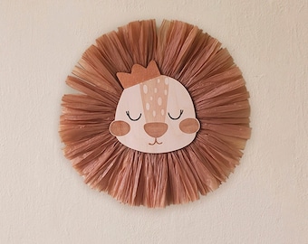 Muurhanger leeuw raffia: boho kinderkamerdecoratie (13,5 x 14 inch)