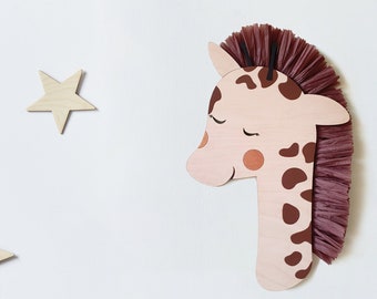 Wanddecoratie girafmultiplex: raffiamanen, boho kinderkamerdecoratie