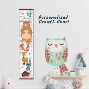 Woodland animals growth chart, Height chart for kids, Forest growth chart vinyl, Frame nursery wall art decor, Personalized ruler boy girl