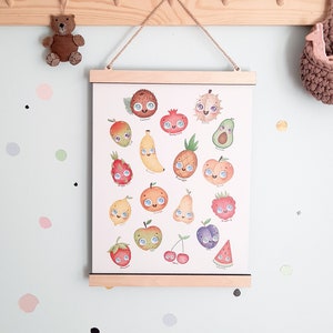 Früchte Kunstdruck, Mädchen Schlafzimmer Dekor, Poster für Kinder mit Holzbügel, Drucke für Kinderzimmer Dekor, Wandkunst Poster