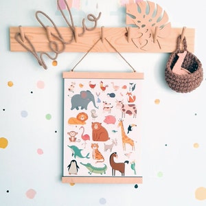 Animal Nursery Poster: Playroom Wall Art with Wooden Hanger (11.7x16.5&#39;)