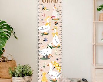 Personligt gårdstillväxtdiagram med gäss, bin och blommor, längddiagram, rustik väggdekoration