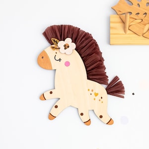 Wooden Horse Nursery Decor: Raffia Mane, Boho Safari Wall Art