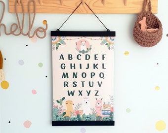 Llama Alphabet Poster: Kids Nursery Wall Art with Wooden Hanger