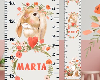 Height chart for girl, Personalize growth chart ruler, Spring bunny nursery decor, Watercolor art, Rabbit flowers decor, First birthday gift