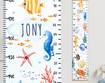 Ocean growth chart, Personalized height chart for kids, Watercolor nursery decor seahorse, Fish kids wall art, Playroom baby gift sea turtle
