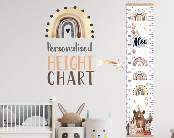Gráfico de altura del arco iris para niños, Regla de la tabla de crecimiento, Regalo personalizado para bebés, Arte de acuarela Decoración de la pared de la guardería Decoración de la habitación Bear Hare Mouse Cake