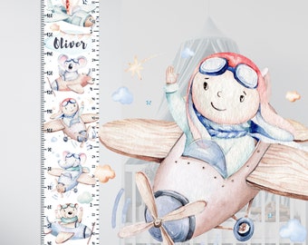 Personalized Growth Chart boy  | Vinil Growth Chart | Watercolors nursery art | Growth Chart Ruler | Height Chart For Kids | Airplane Decor