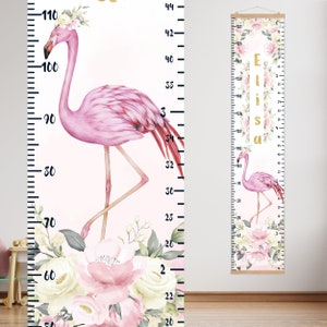 Flamingo hoogte grafiek, Gepersonaliseerde groei grafiek bloemen, Meisjes bloemenkwekerij decor, flamingo kunst aan de muur, baby douche cadeau, aquarel rozen
