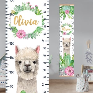 Hoogte grafiek Lama, Aangepaste groei grafiek meisje, Aquarel cactus kwekerij decor, gepersonaliseerde baby heerser, bloemen eerste verjaardag cadeau cactus kunst