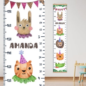 Groei grafiek dieren Hoogte grafiek voor kinderen Aquarel kinderkamer kunst Gepersonaliseerde liniaal Jungle kwekerij decor Safari baby shower Party cadeauruimte