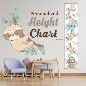Luiaard groei grafiek, Hoogte grafiek voor kinderen, groei grafiek jongen meisje, Kind kunst aan de muur Playroom Baby liniaal, Rustiek cadeau Bloemen eerste verjaardag cadeau