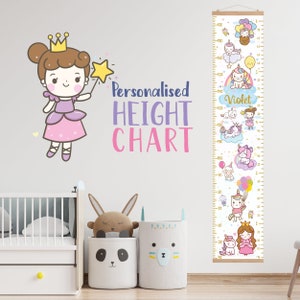 Gepersonaliseerde groei grafiek Meisje, Kawaii hoogte grafiek, Eenhoorn kat zeemeermin kwekerij kunst, Groei grafiek heerser voor kinderen, Nursery Decor dier cadeau