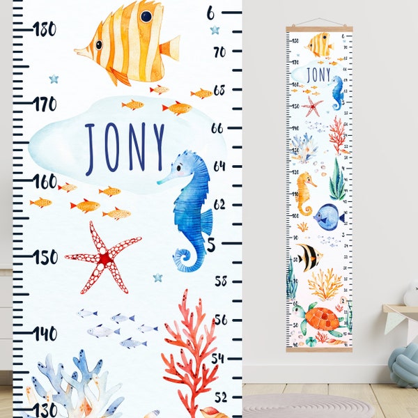 Ocean growth chart, Personalized height chart for kids, Watercolor nursery decor seahorse, Fish kids wall art, Playroom baby gift sea turtle