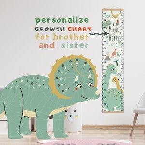 De groeigrafiek van de dinosaurus, De hoogtemetingsjongerenheerser van Dino, Personaliseren dino's ruimtedecor, groeigrafiek voor broerzus, giftjongenmeisje