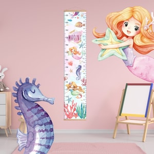 Tabla de crecimiento Sirenas, Tabla de altura para niña, Regla de vinilo marina, Arte de vivero marino de acuarela, Regalos personalizados para niños, Decoración de guardería