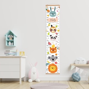 Carte de croissance de visages d’animal, diagramme de taille pour des enfants, cadeau personnalisé, décor scandinave lumineux de pépinière, cadeau mignon, chambre de chéri, premier anniversaire