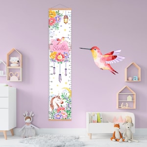 Eenhoorn groeikaart, Gepersonaliseerde hoogtekaart voor kinderen, Aquarel kwekerij decor bloemen, Vogel kunst aan de muur, Speelkamer baby cadeau, 1e verjaardag