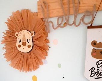 Decoración infantil con cara de león de rafia: colgante de pared bohemio con temática de jungla
