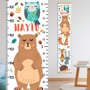 Diagramme de hauteur d’animaux de forêt, diagramme de croissance pour des enfants, règle de taille d’enfant de cadeau, garçon personnalisé de fille de décor de pépinière de bois, décor de pièce de coutume