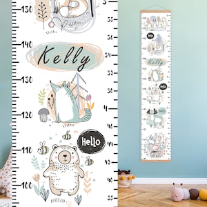 Bosdieren groeikaart, Gepersonaliseerde hoogte grafiek voor meisje van jongen Forest Wall handing kinderkamer decor Baby kamer kunst Eerste verjaardag cadeau