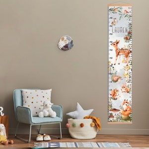 Bosgroeigrafiek, hoogtemeter voor kinderen, gepersonaliseerde liniaal bosdieren, aquarel kunst aan de muur kinderkamer, inrichting kinderkamer, babycadeau