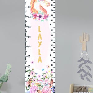 Eenhoorn groeimeter, gepersonaliseerde hoogtemeter voor meisje, Blush Сastle bloemen aquarel kinderkamer inrichting, kunst aan de muur kinderen, speelkamer, babycadeau
