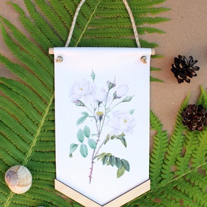 Botanische Leinwand Banner Wandbehang Banner mit weißer Rose, Floral Wimpel Banner Flagge
