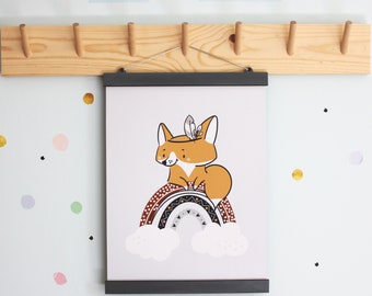 Fox art print, nursery art home poster, posters for kids with wooden hanger, prints for nursery decor, wall art poster