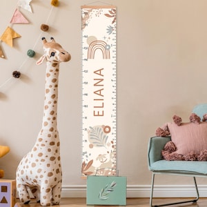 Gepersonaliseerde groeimeter voor kinderen, Scandi-hoogtemeter, aangepast babycadeau, boho-kwekerij, neutraal decor, 1e verjaardag abstracte regenboogbloem