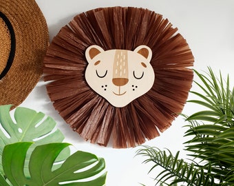 Safari nursery decor, Lion wall hanging, Boho nursery boy girl, Animal head, lion face raffia, Bedroom Jungle Theme, First birthday gift