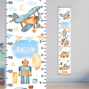 Houten speelgoed hoogte grafiek voor jongens Groei grafiek heerser gepersonaliseerd Transport auto robot trein boot Nursery decor Kinderen slaapkamer Verjaardag Cadeau