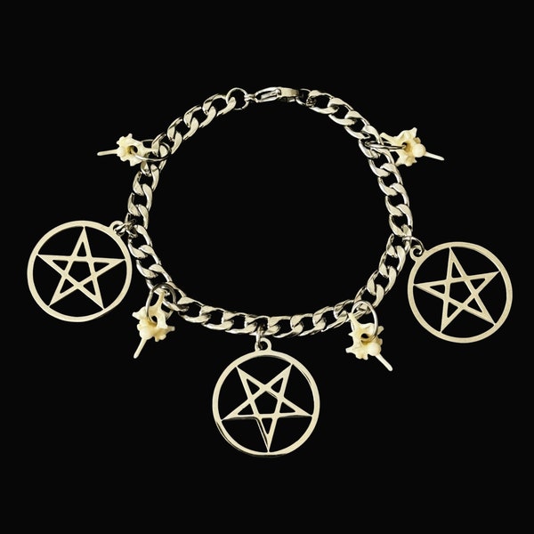 Boa Constrictor Vertebrae & Pentagram Charm Bracelet, Stainless Steel 7.75" Oddity Jewelry