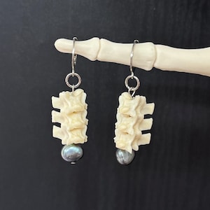 May include: A pair of drop earrings featuring off-white, textured spinal column segments suspended from silver-toned metal hooks. Each earring is finished with a single, round, dark grey pearl bead dangling at the bottom of the bone structure.