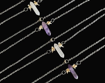 Rattlesnake Vertebrae Bones & Amethyst/Rose Quartz Crystal Options 18&quot; Stainless Steel Real Animal Bone Necklace