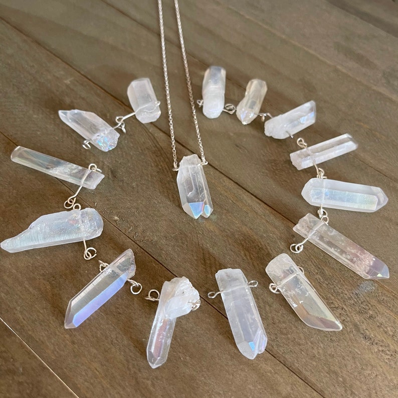 Handmade Aura Quartz Crystal Necklace W 18 Inch Silver Chain
