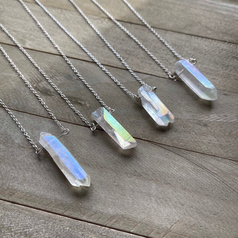 Handmade Aura Quartz Crystal Necklace W 18 Inch Silver Chain