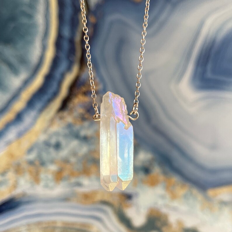 Handmade Aura Quartz Crystal Necklace W 18 Inch Silver Chain