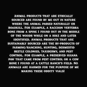 May include: A black background with white text stating: ANIMAL PRODUCTS THAT ARE ETHICALLY SOURCED ARE FOUND BY ME OUT IN NATURE WHERE THE ANIMAL PASSED NATURALLY OR ROADKILL. FOR EXAMPLE, A RACCOON VERTEBRA BONE FROM A SPINE I FOUND OUT IN THE MIDDLE OF THE WOODS WHILE ON A HIKE AND LATER IDENTIFIED. ANIMAL PRODUCTS THAT ARE SUSTAINABLY SOURCED ARE THE BY-PRODUCTS OF FARMING/RANCHING, HUNTING, DERMESTID BEETLE COLONIES, TAXIDERMY, AND PEST CONTROL. FOR EXAMPLE, A PRESERVED IGUANA PAW THAT CAME FROM PEST CONTROL OR A COW BONE I FOUND AT A CATTLE RANCH'S FIELD. NO ANIMALS ARE HARMED FOR THE PURPOSE OF ME MAKING THESE ODDITY VIALS!
