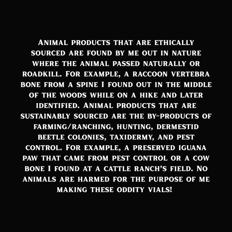 May include: A black background with white text stating: ANIMAL PRODUCTS THAT ARE ETHICALLY SOURCED ARE FOUND BY ME OUT IN NATURE WHERE THE ANIMAL PASSED NATURALLY OR ROADKILL. FOR EXAMPLE, A RACCOON VERTEBRA BONE FROM A SPINE I FOUND OUT IN THE MIDDLE OF THE WOODS WHILE ON A HIKE AND LATER IDENTIFIED. ANIMAL PRODUCTS THAT ARE SUSTAINABLY SOURCED ARE THE BY-PRODUCTS OF FARMING/RANCHING, HUNTING, DERMESTID BEETLE COLONIES, TAXIDERMY, AND PEST CONTROL. FOR EXAMPLE, A PRESERVED IGUANA PAW THAT CAME FROM PEST CONTROL OR A COW BONE I FOUND AT A CATTLE RANCH'S FIELD. NO ANIMALS ARE HARMED FOR THE PURPOSE OF ME MAKING THESE ODDITY VIALS!