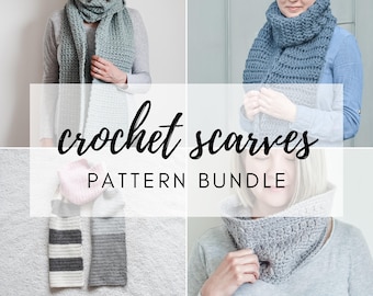 May include: A collection of crochet scarf patterns. The image shows four different scarves in various colors and styles, including a striped scarf, a solid gray scarf, a cowl neck scarf, and a long, thin scarf. The text "crochet scarves PATTERN BUNDLE" is displayed on the image.