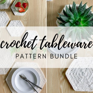 May include: A set of crochet tableware patterns, including coasters, placemats, and a pot holder. The patterns are all in a white color and have a hexagonal shape. The text "crochet tableware PATTERN BUNDLE" is displayed on the image.