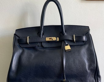 Borsa in pelle vintage blu stile Birkin