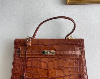 sac vintage en cuir croco caramel 32 Style Kelly