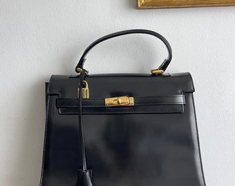 Vintage black leather bag Kelly 32 Style