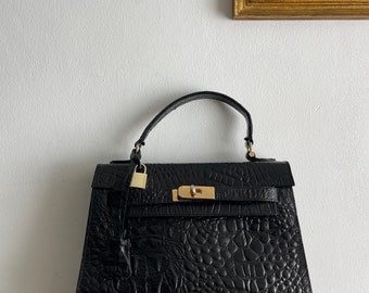 Sac vintage vintage en cuir noir façon croco Kelly Style